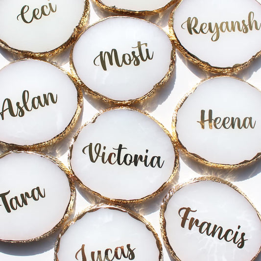 AGATE LOOK Slices, WHITE Gold Plate, Personalised Place Cards, Drink Coasters, Wedding Bonbonnieres, Wedding Styling Decor