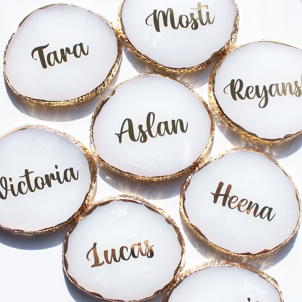 AGATE LOOK Slices, Gold agate slice, Personalised place cards, Pink coasters, Personalised gifts