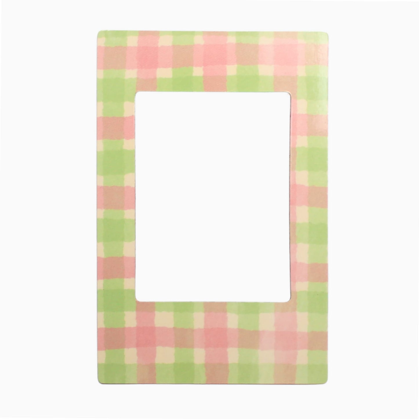 Rectangular magnetic polaroid frame with pink and green checkered pattern on a white background
