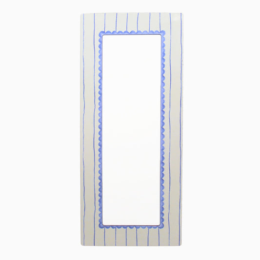 Rectangular magnetic photo booth frame with blue stripes and border on a white background
