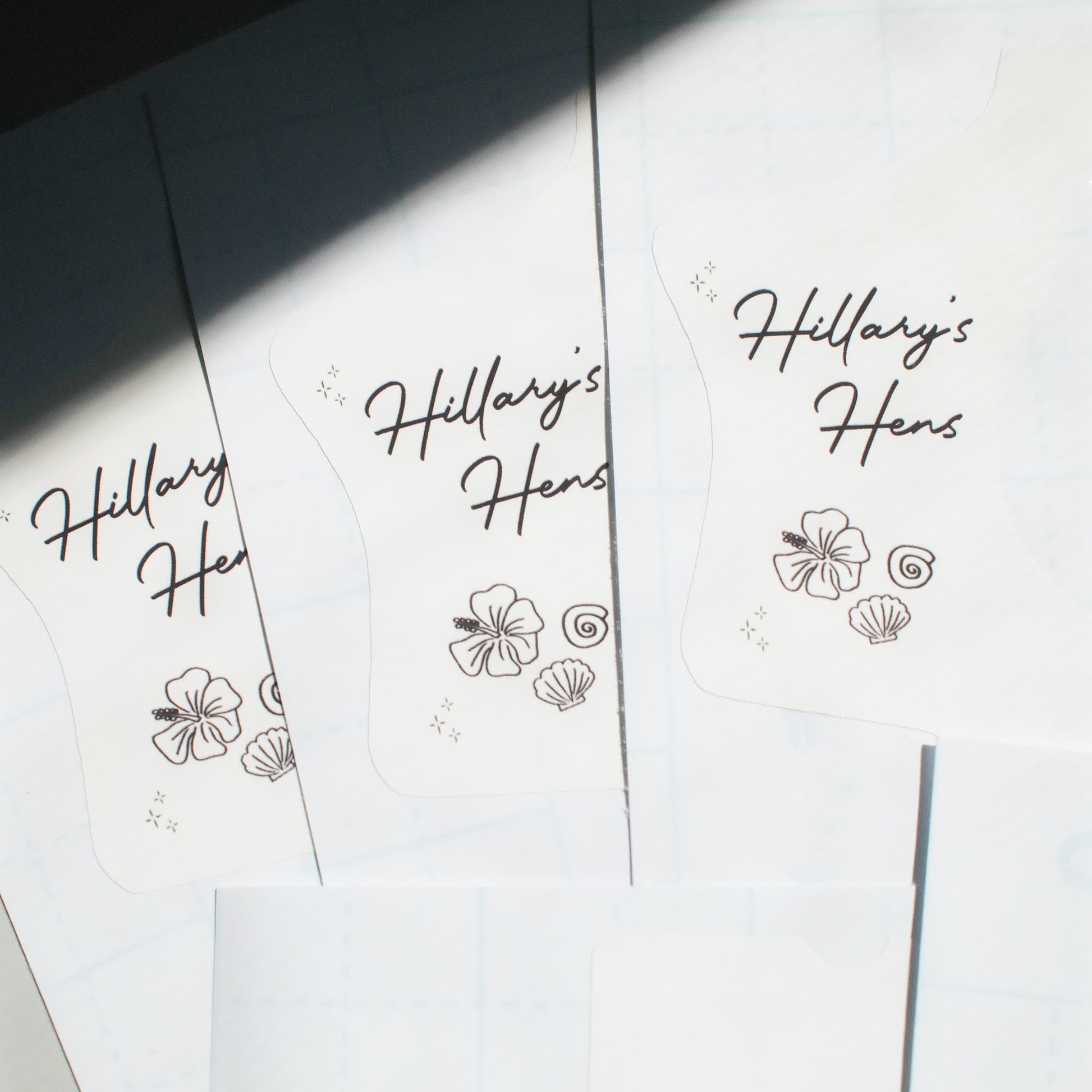 disposable camera wrap stickers with sailboat and ring illustrations and 'Hillary's Hens' text.