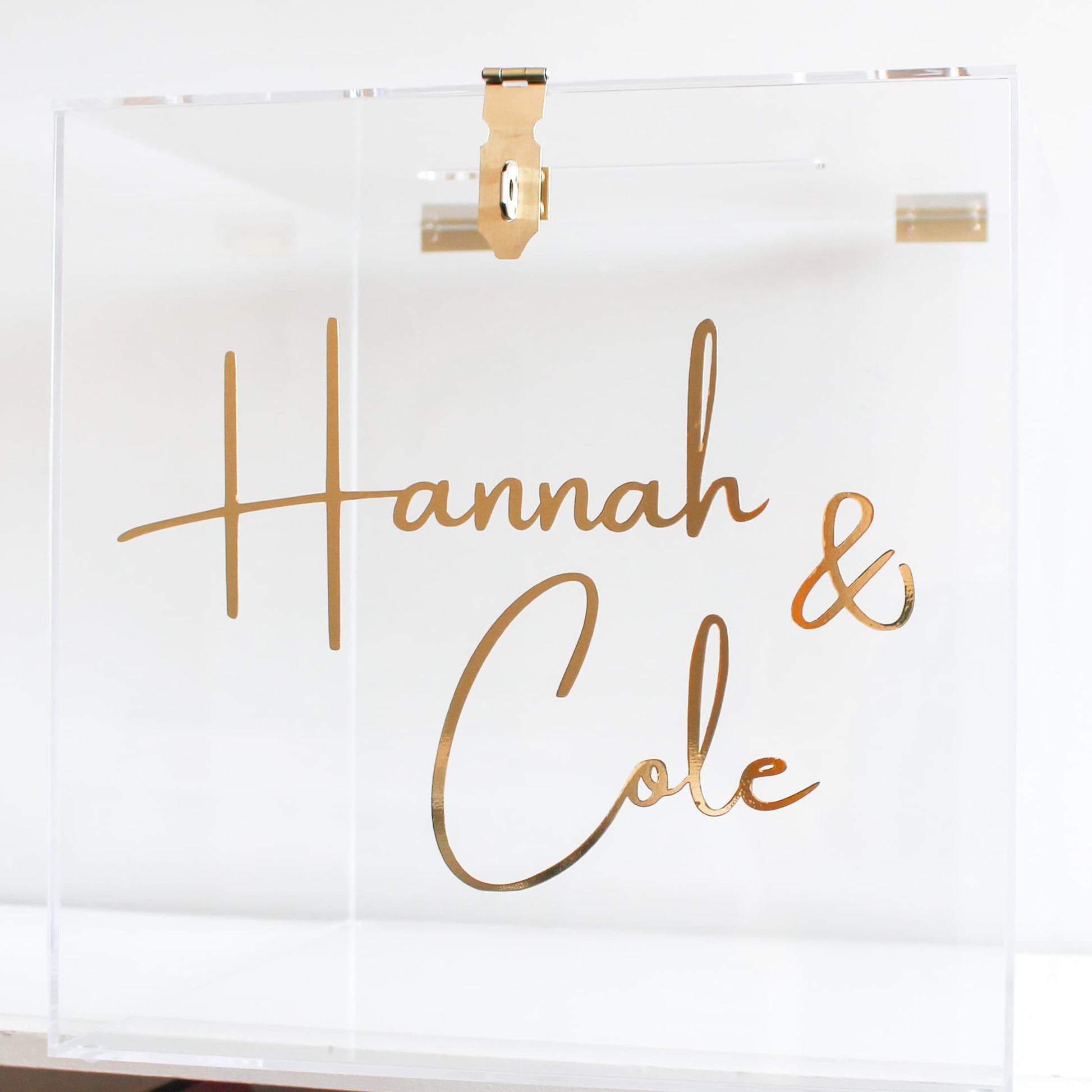 Clear acrylic wishing well box with gold text 