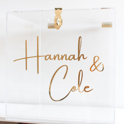Clear acrylic wishing well box with gold text 