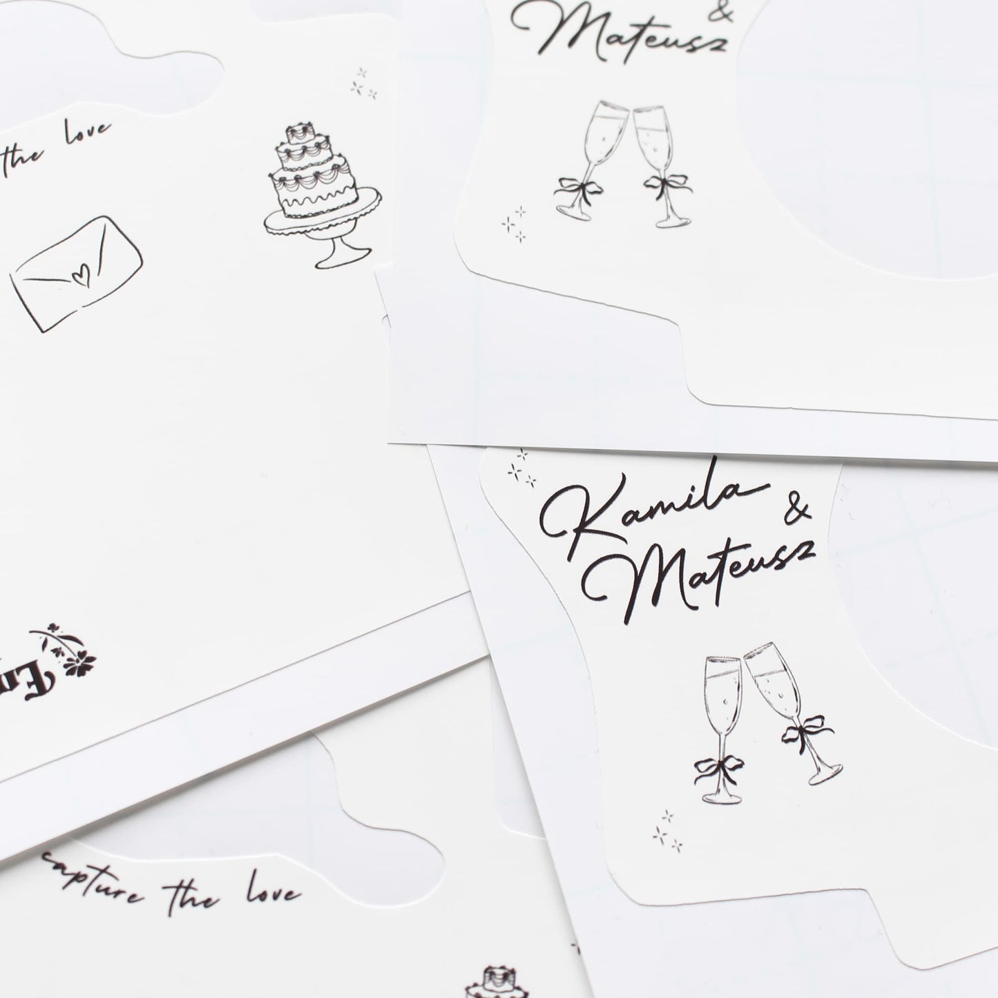 Set of wedding-themed kodak disposable camera wraps with illustrations and text on a white background