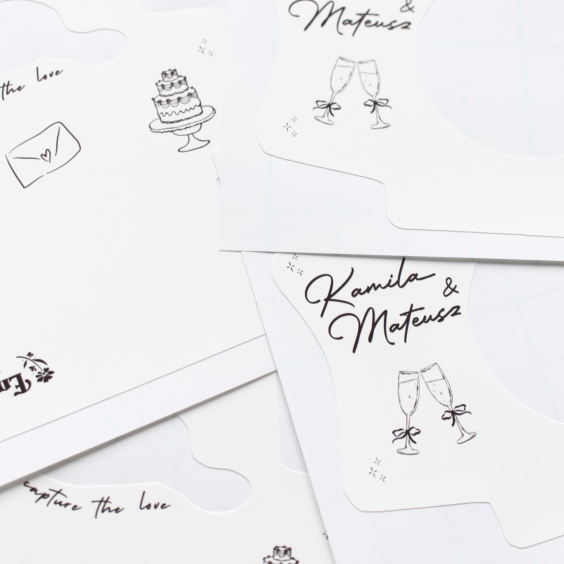 Set of wedding-themed kodak disposable camera wraps with illustrations and text on a white background