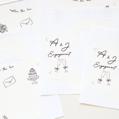 kodak disposable camera wraps with 'A & J Engagement' text and wedding-themed illustrations on a white background.