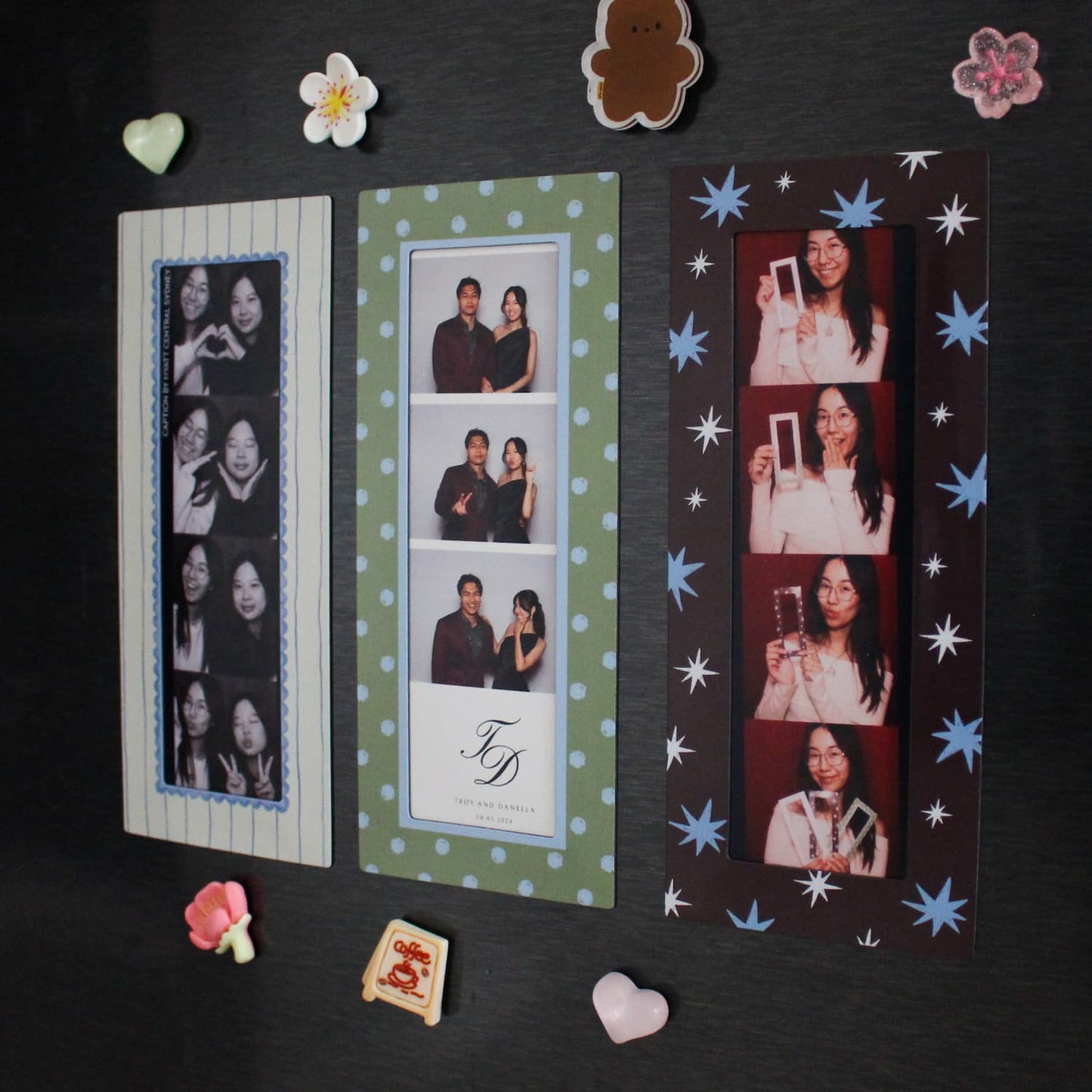 Three photo booth magnets on a fridge with decorative items.