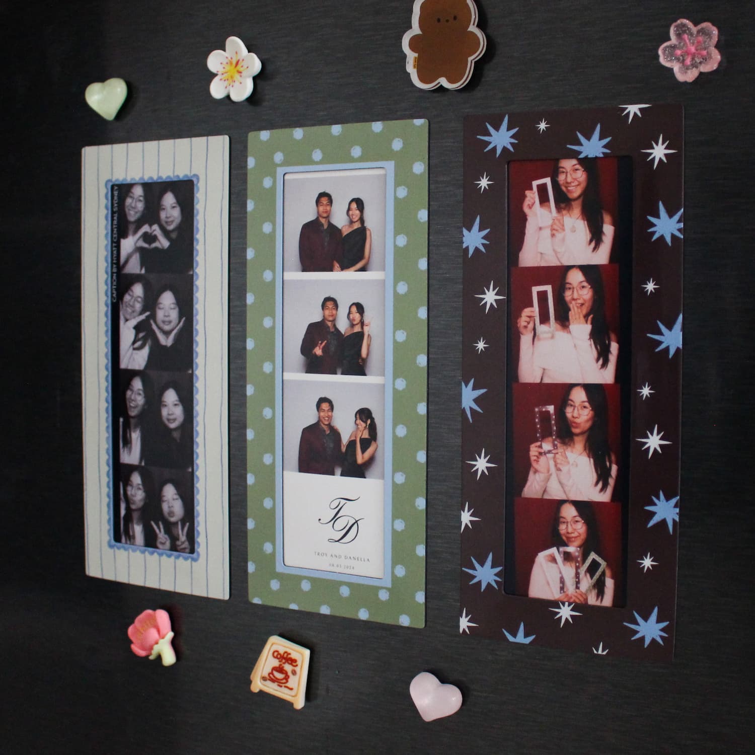 Three photo booth magnets on a fridge with decorative items.