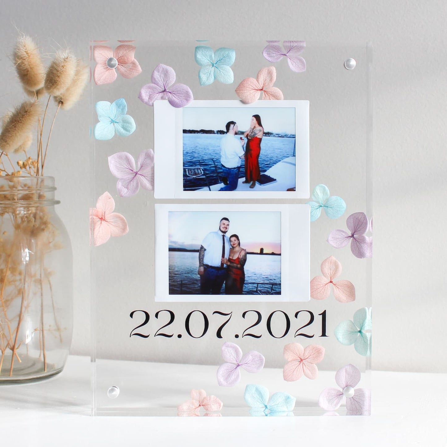 engagement frame, polaroid frame, flower polaroid frame, preserved flower frame, engagement keepsake, xl polaroid frame, xl flower polaroid frame, custom engagement gifts, engagement keepsake ideas