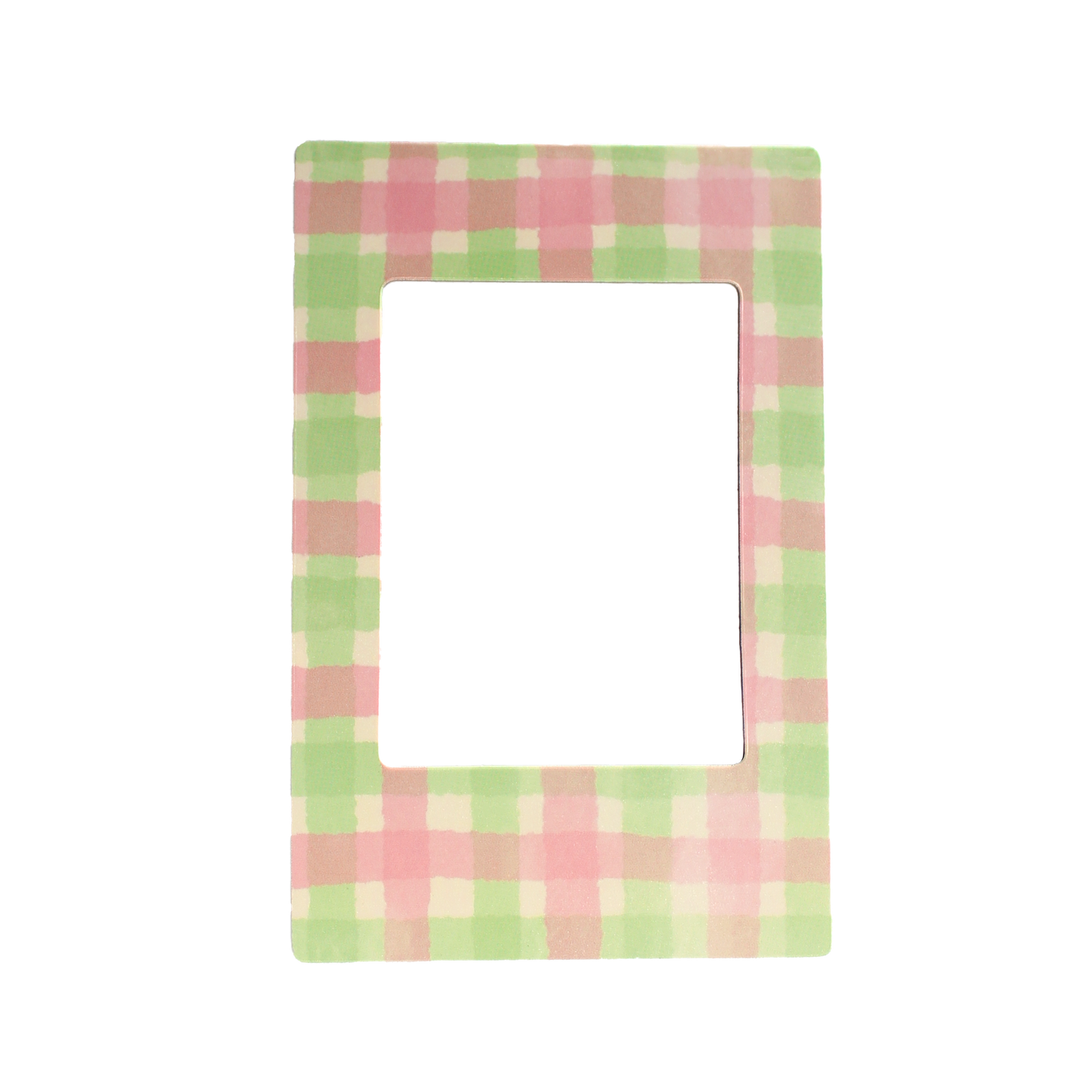 Magnetic photo frame with pink and green checkered pattern on a white background
