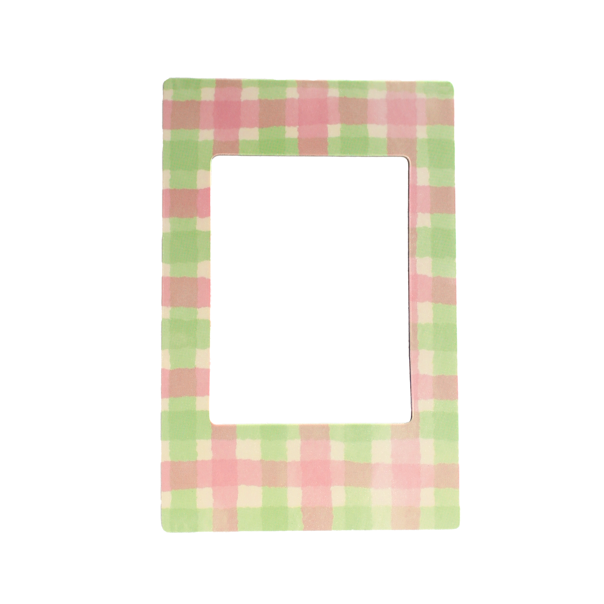 Magnetic photo frame with pink and green checkered pattern on a white background