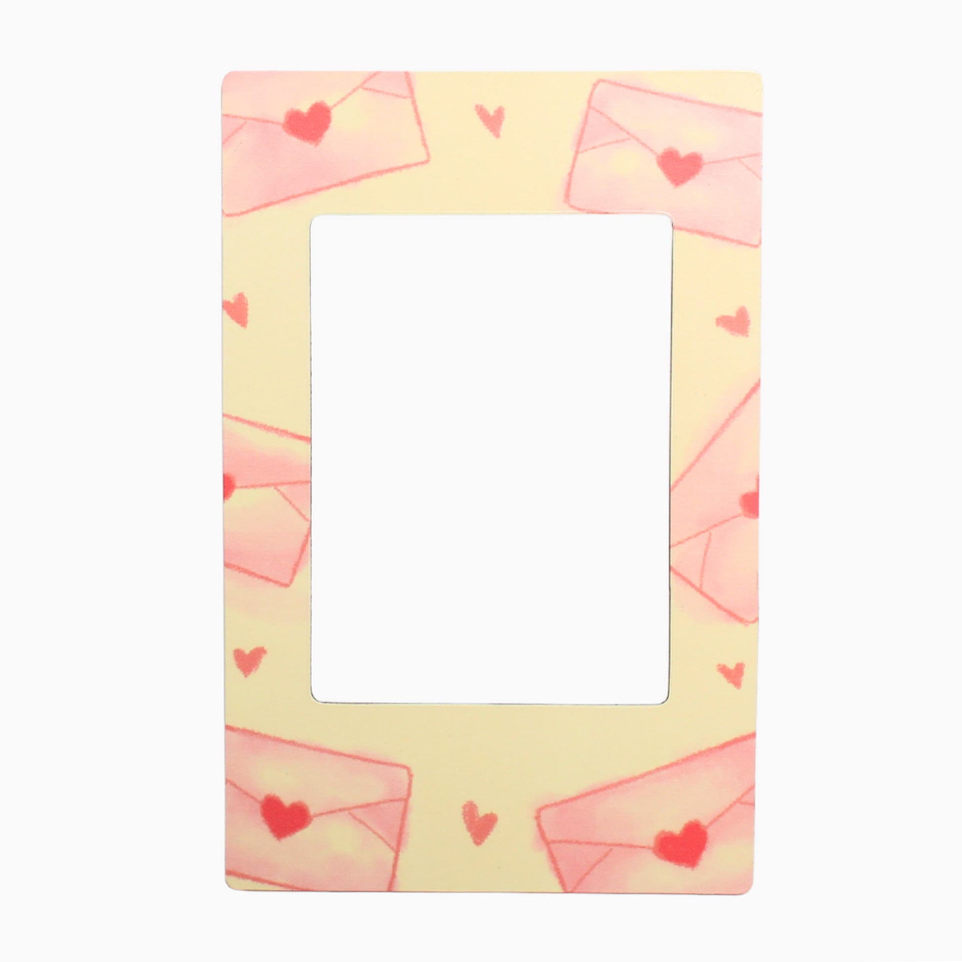 Decorative frame with pink envelopes and red hearts on a yellow background