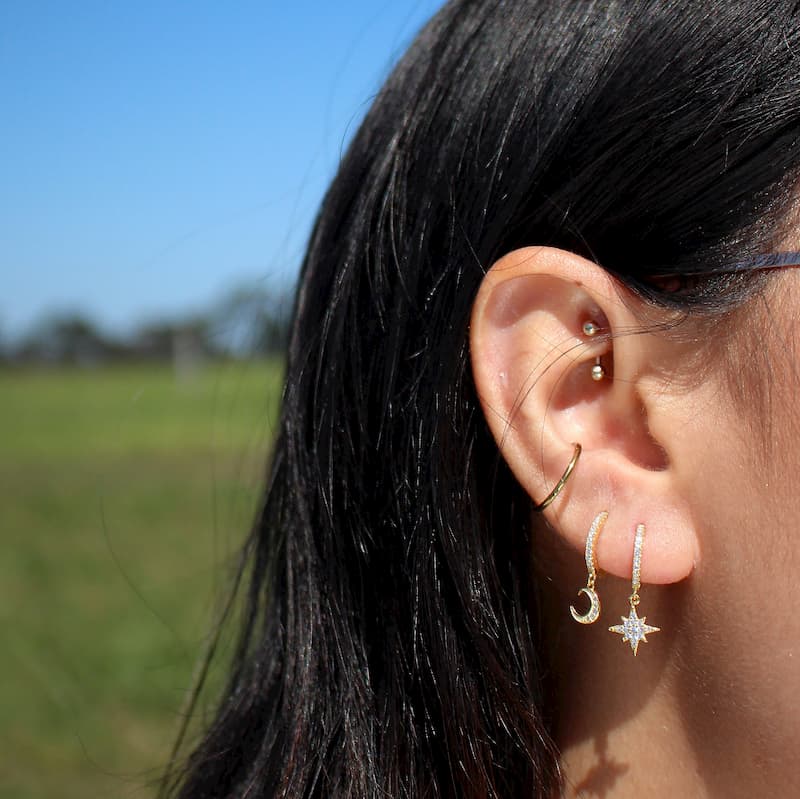 moon and star huggies sterling silver gold plated hoops