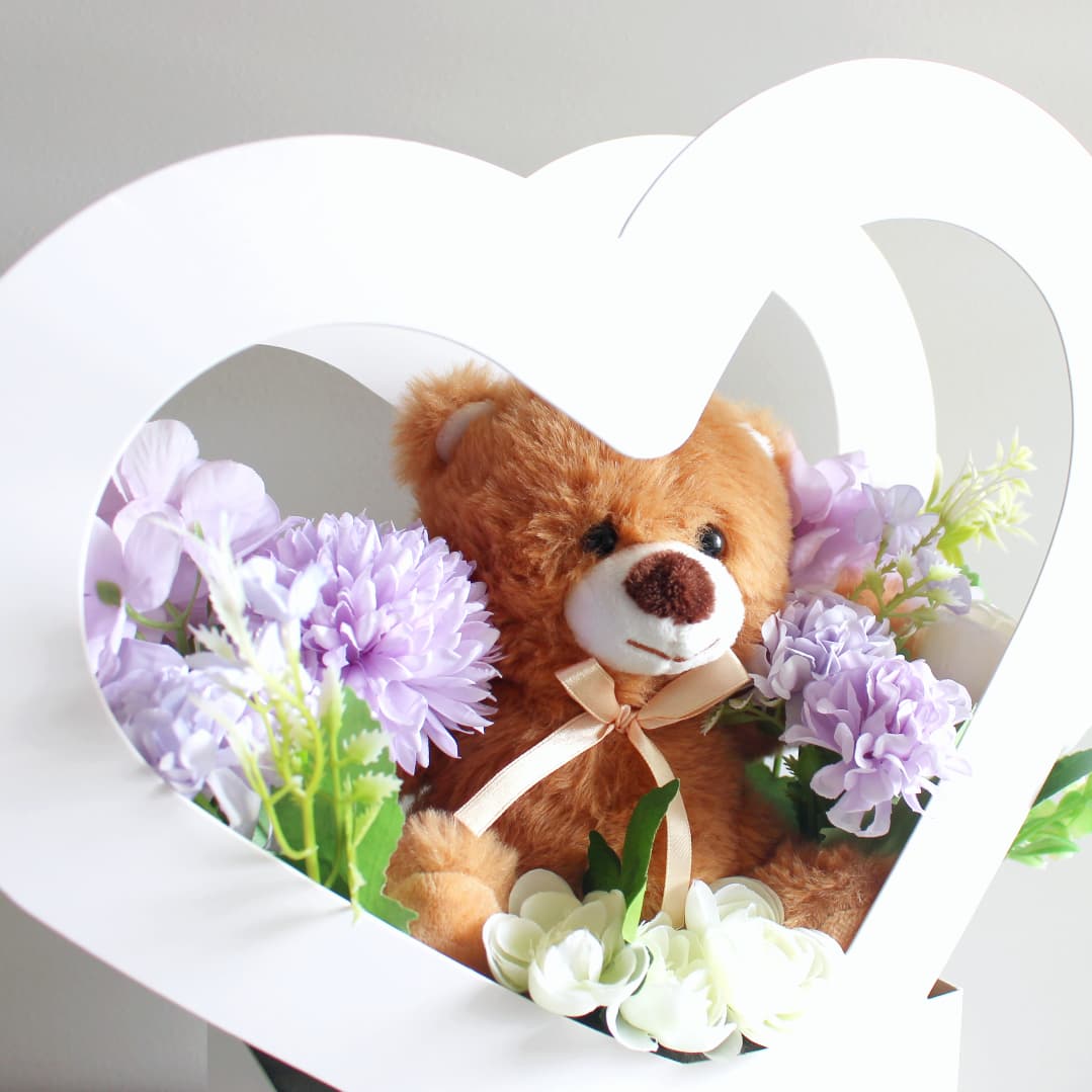 Beary in Love Flower Box heart flower box with bear everlasting flowers bouquet bear bouquet plush box with flowers gift ideas valentines day gifts anniversary present ideas