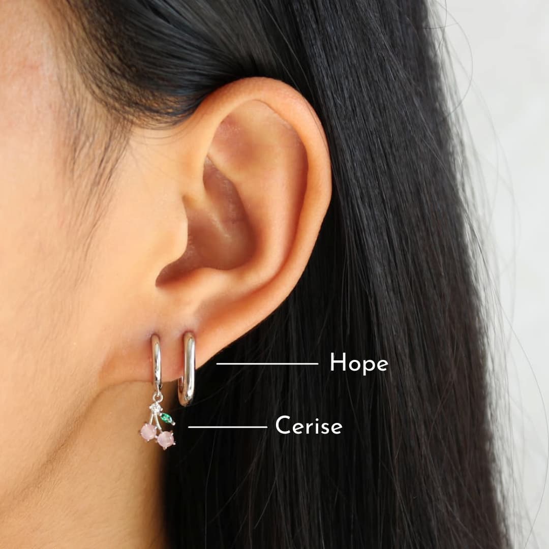 silver simple ear stack double piercing ear stack cherry earrings oval hoops jewellery
