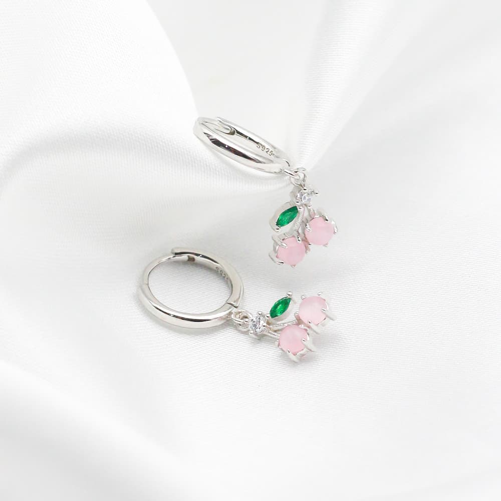 silver pink cherry earrings minimal huggies cherry earrings