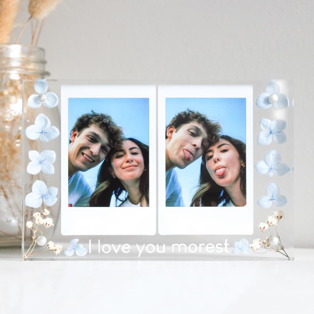 personalised flower double polaroid frame customisable polaroid frame double polaroid frame with flowers personalised gifts for her customised gifts for him couples gift travel frame travel keepsake frame sentimental keepsakes forever keepsake forever piece acrylic block frame