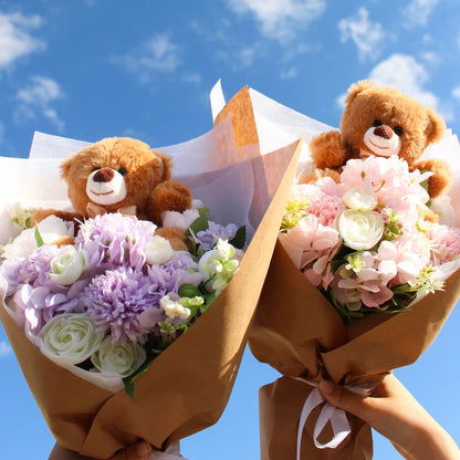Flower Bouquet With Teddy 12 Red Roses Bouquet, White Bear With