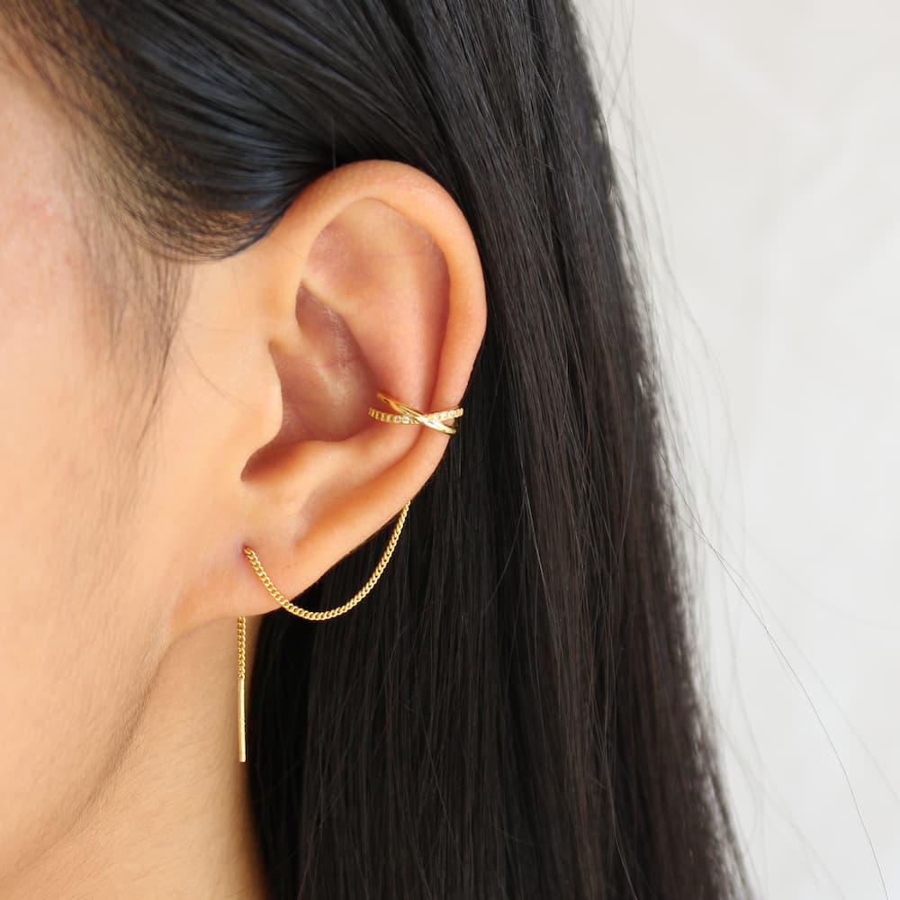 threader chain earrings with faux ear cuff gold